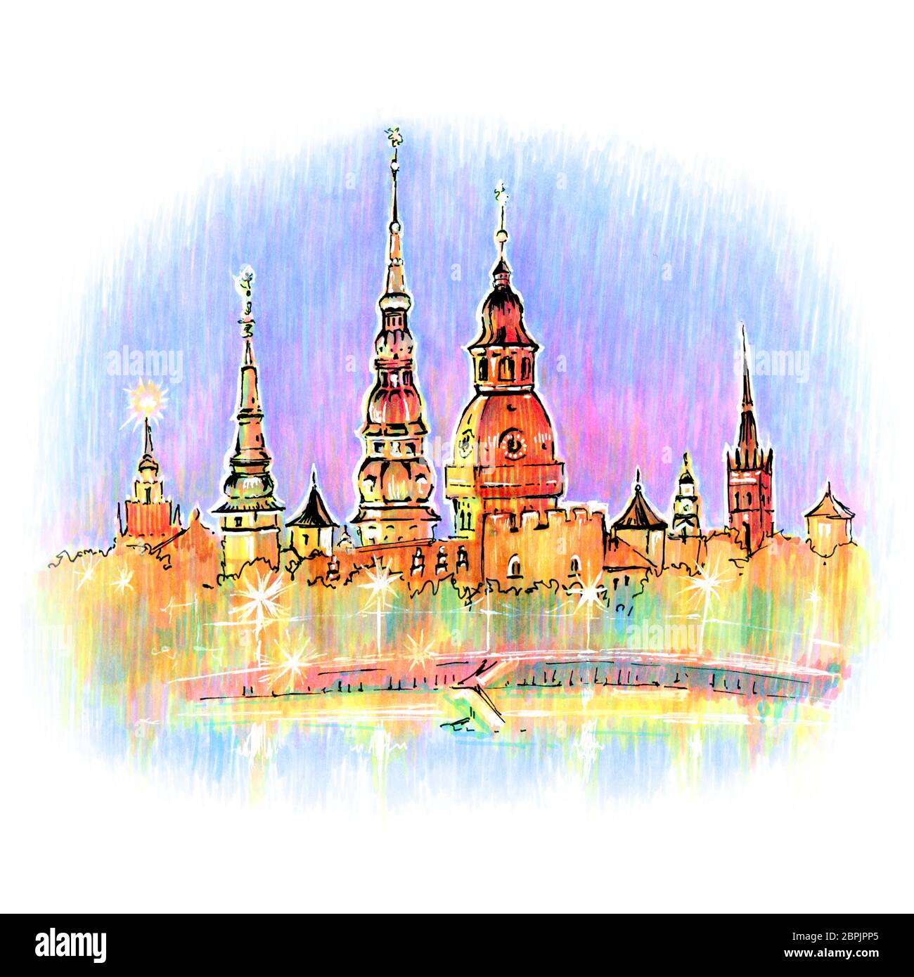 Color hand drawing, churches in Old Town of Riga, Latvia. Picture made liner and markers Stock Photo