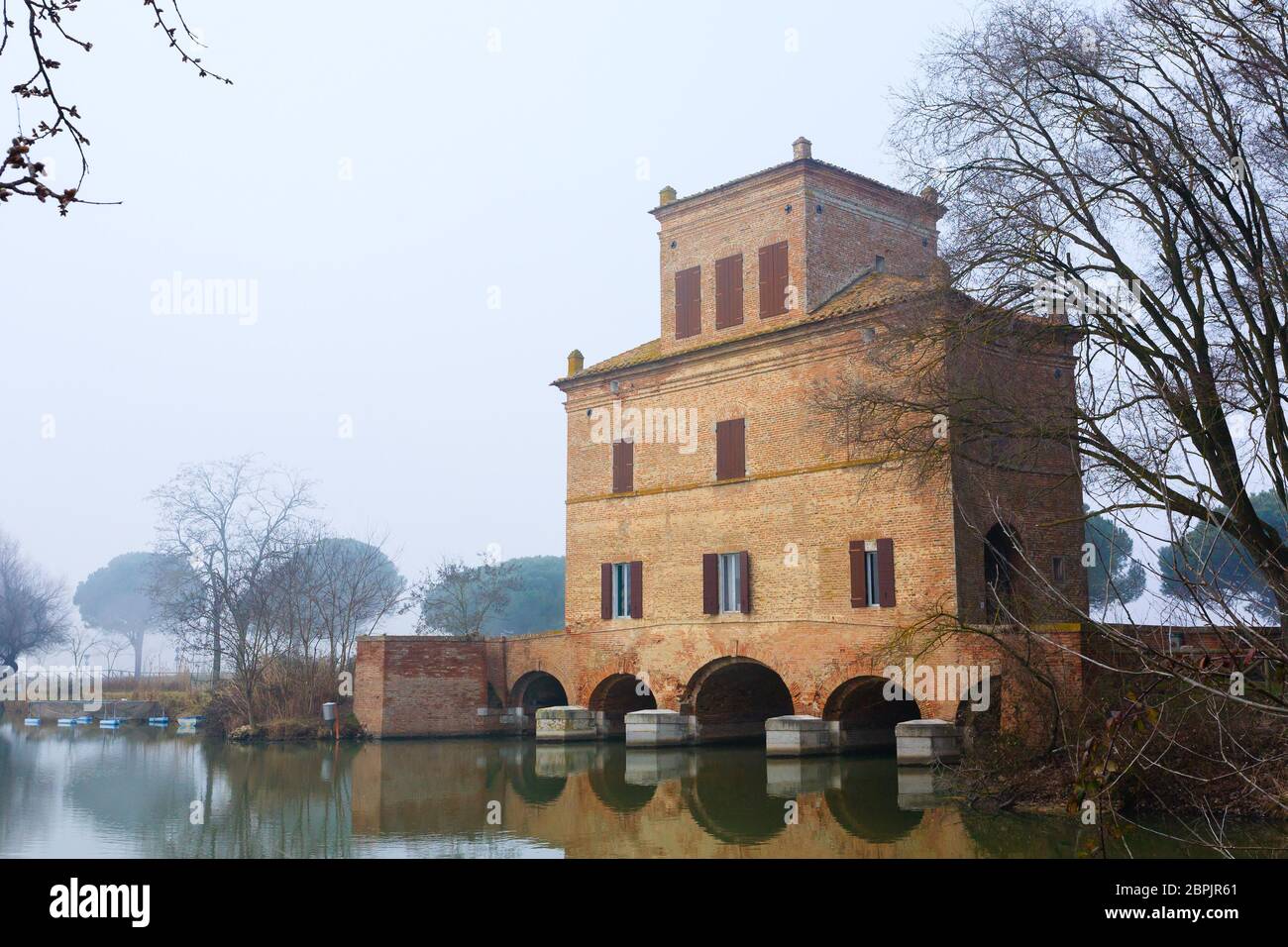 Ancient building from Po river lagoon. Po Delta wetlands landmark ...