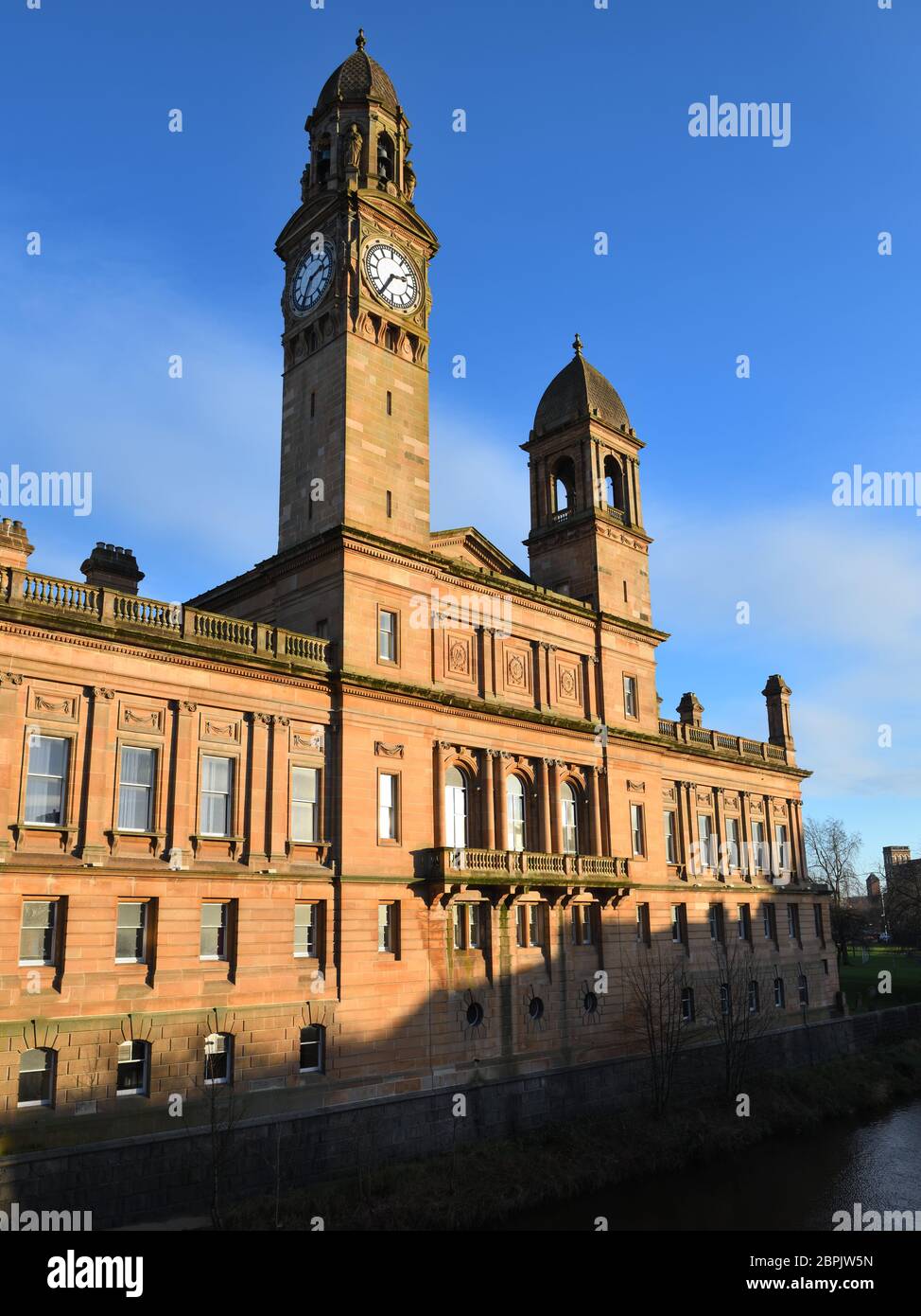 The rear of Paisley Town Hall municipal facility and clock tower in Renfrewshire, Scotland, UK, Europe It is a Category A listed building. Stock Photo
