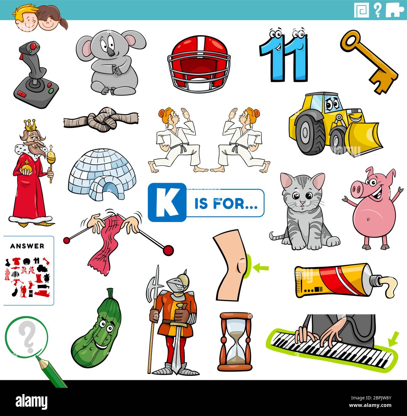 Cartoon Illustration of Finding Picture Starting with Letter K Educational Task Worksheet for Children with Objects and Characters Stock Vector