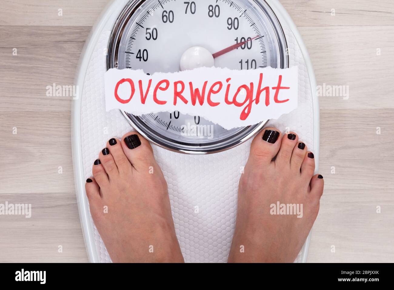 Close-up Of Woman's Feet On Weighing Scale Indicating Overweight Stock Photo