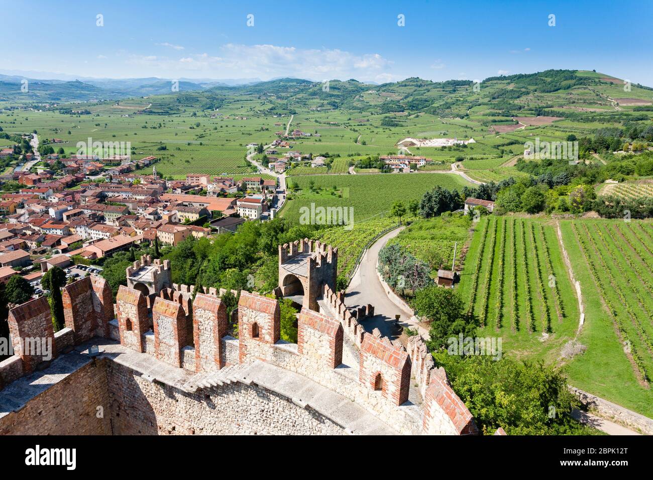 Aerial view of Soave, medieval walled city in Italy. Famous wine area. Italian countryside Stock Photo