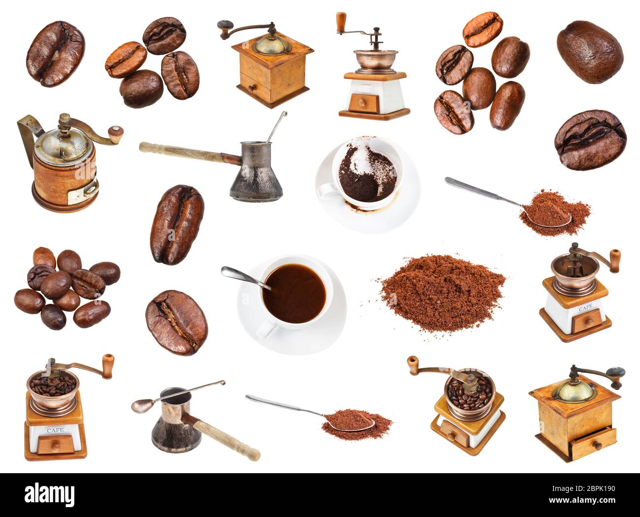 set from coffee, beans, ground powder, coffee mills, drinks in cups