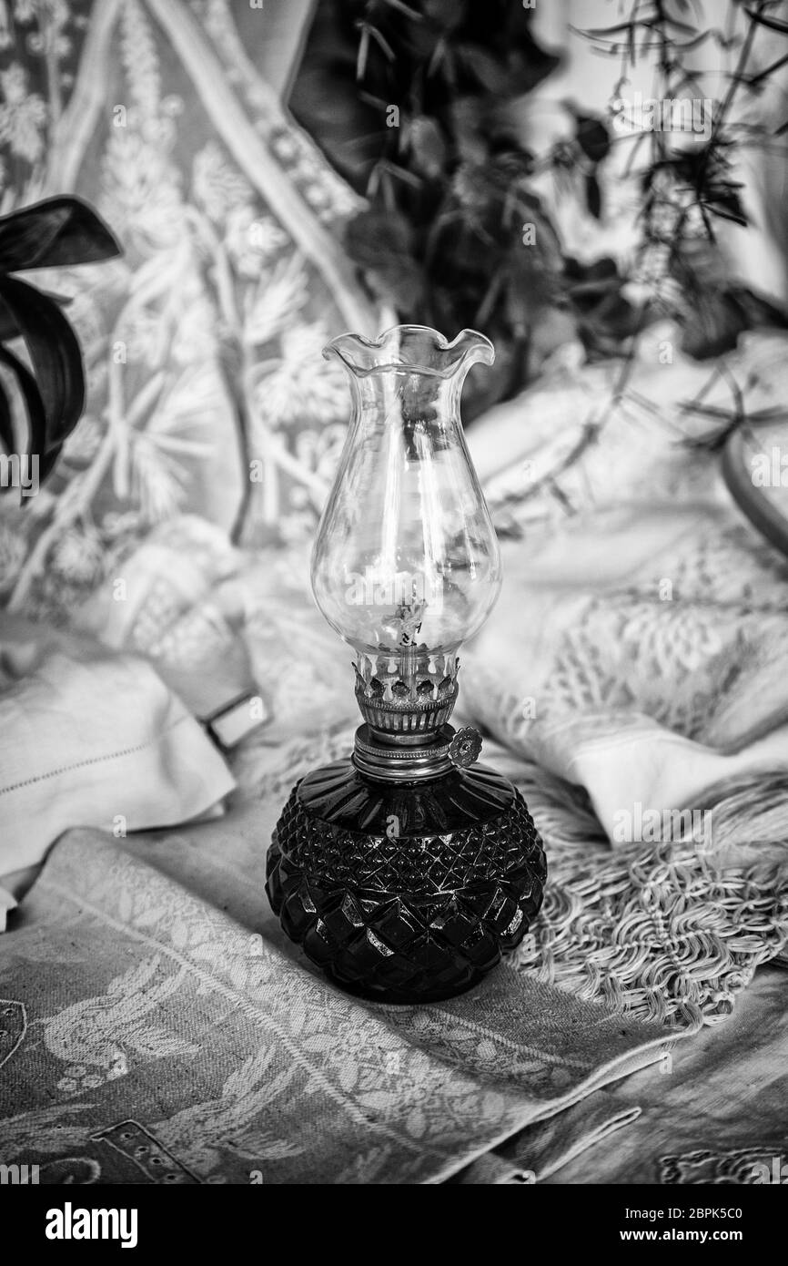 Old oil lamp, detail of artificial lighting, flame Stock Photo Alamy