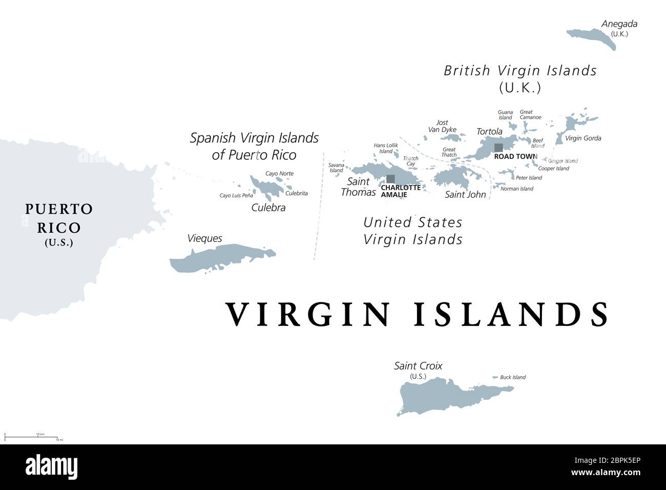 British Spanish and United States - British Spanish And United States Virgin Islands Gray Political Map Archipelago In The Caribbean Sea 2BPK5EP