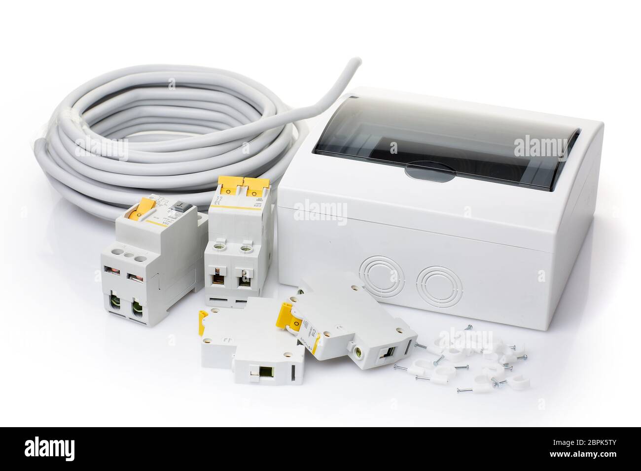 Automatic circuit breakers, distribution box and cable on a white