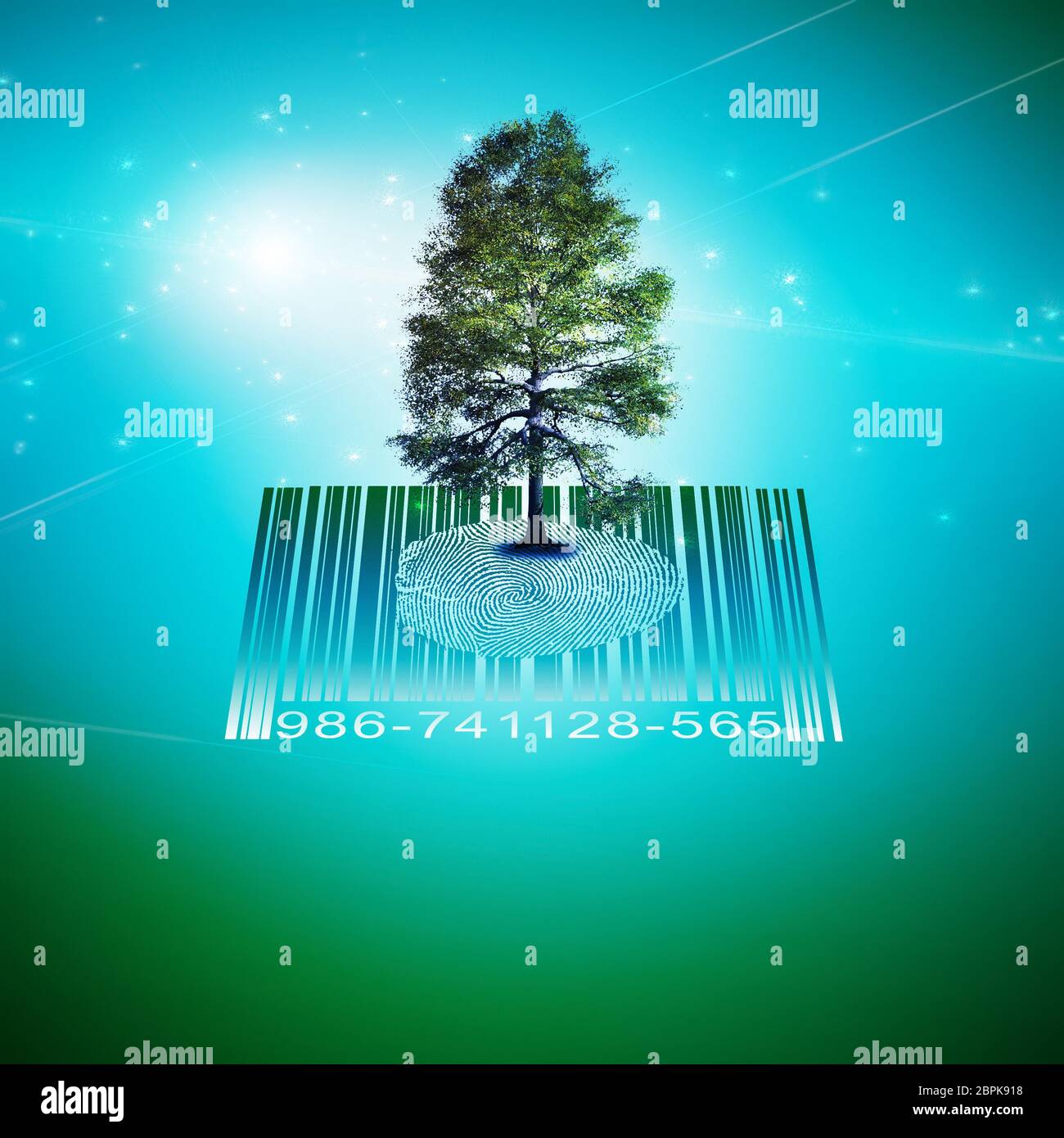 Painted Tree Bar Code Surrealism. Green tree on fingerprint and barcode Stock Photo - Alamy