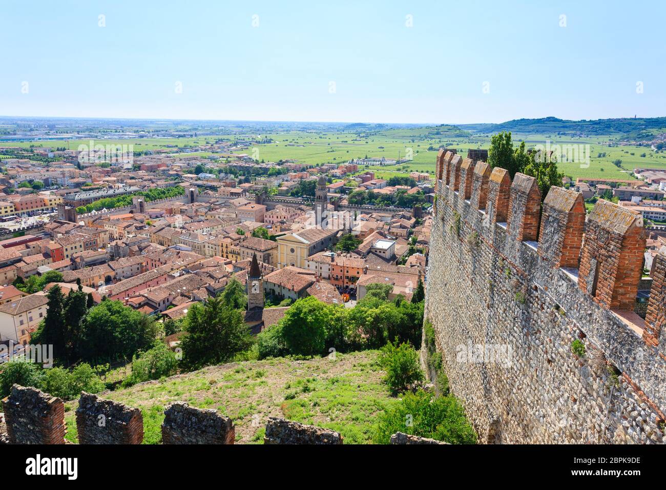 Aerial view of Soave, medieval walled city in Italy. Famous wine area. Italian countryside Stock Photo