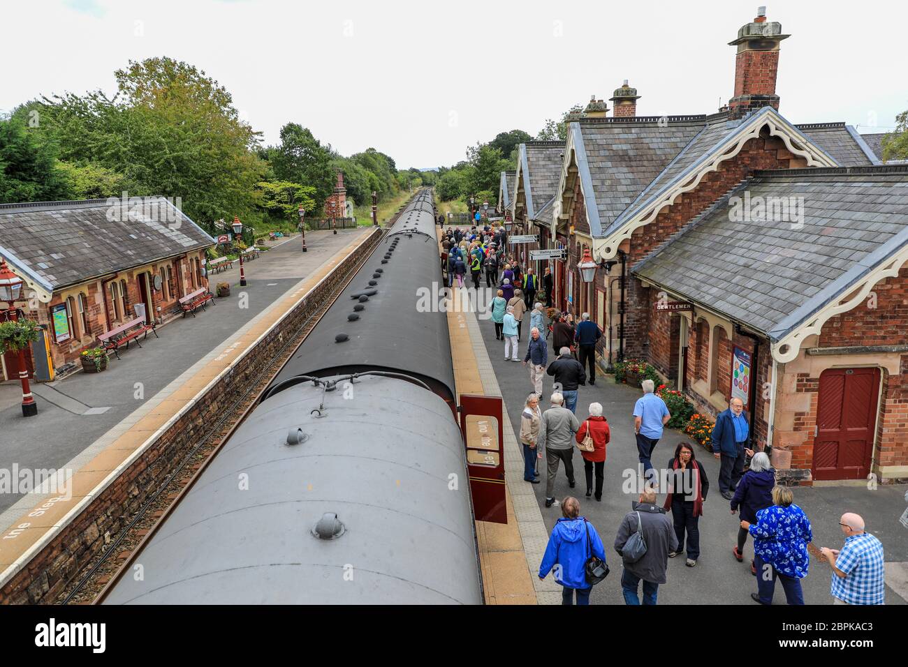 Pullman railway carriages being pulled by a steam engine special train at Appleby railway station Stock Photo