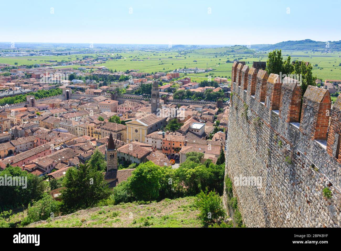 Aerial view of Soave, medieval walled city in Italy. Famous wine area. Italian countryside Stock Photo