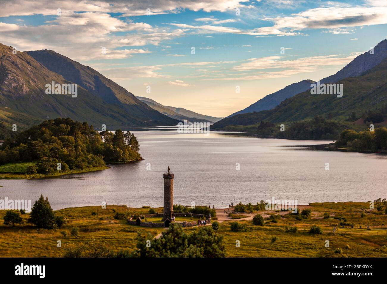 Scotland, Glenfinnan, Loch Shiel. Here is the monument of Bonnie Prince Charlie, who proclaimed the second Jacobite uprising at this place in 1745. This fight for independence from England was already defeated in 1746 in the Battle of Culloden Stock Photo