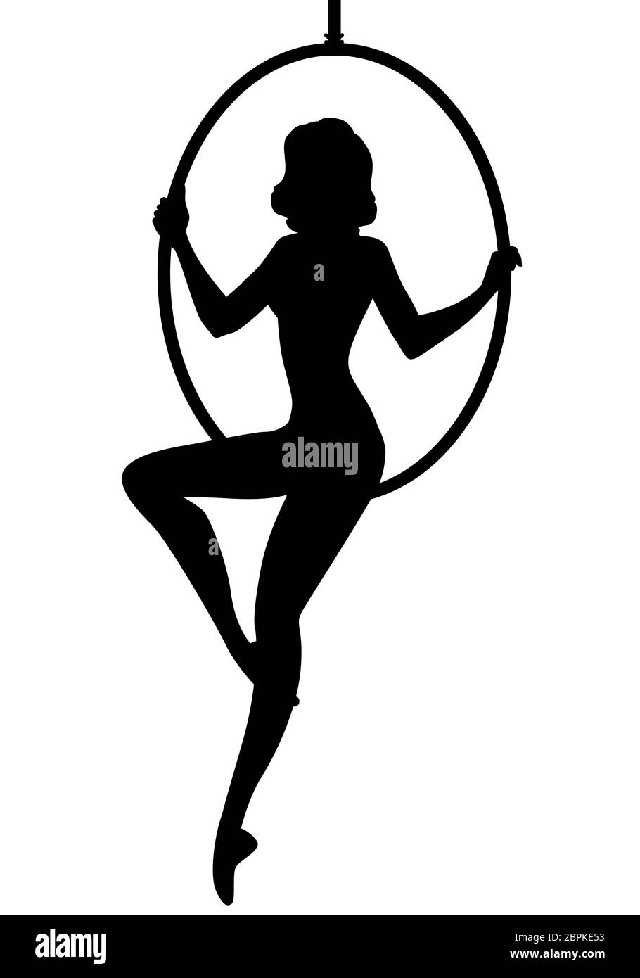 Silhouette of woman trapeze artist sitting on a hoop suspended in the air. isolated on white background Stock Vector