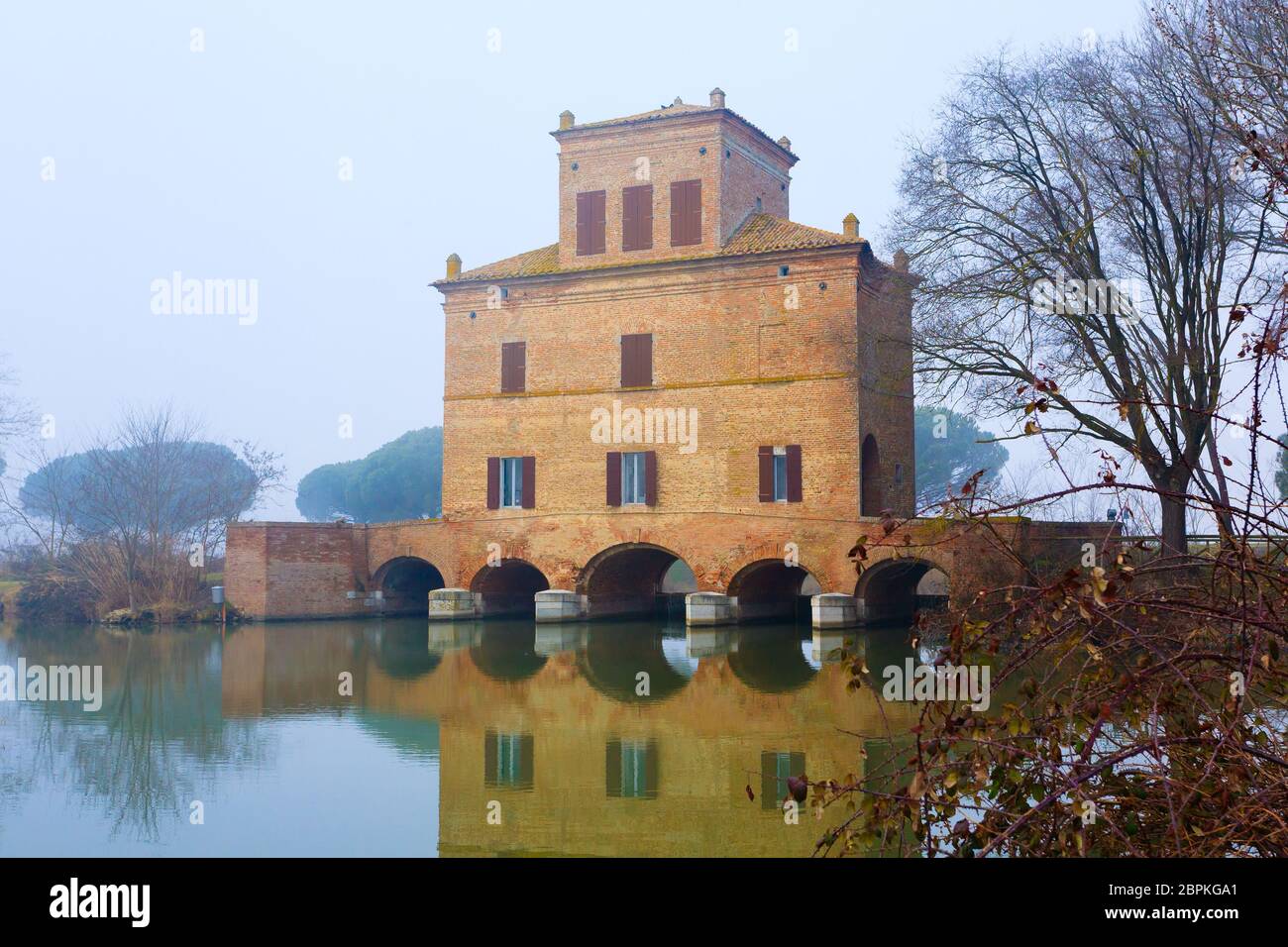 Ancient building from Po river lagoon. Po Delta wetlands landmark ...