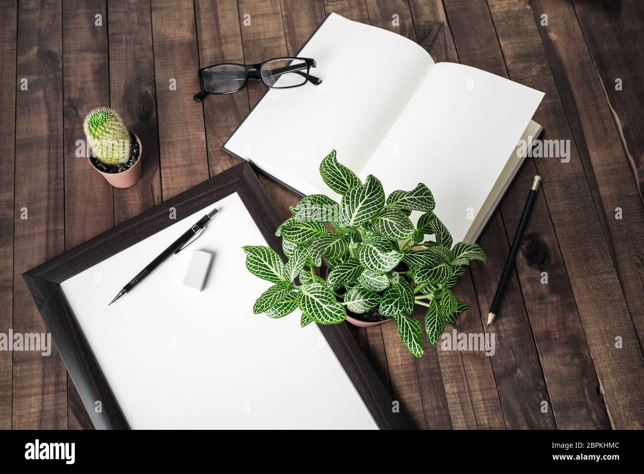 Blank book, photo frame, stationery and plants on wooden background. Stock Photo