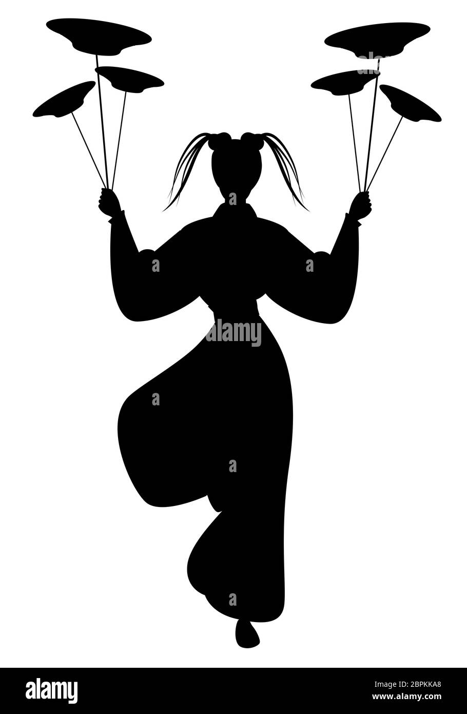 Silhouette of oriental girl wearing a kimono, holding dishes balanced on a pole, isolated on white background Stock Vector