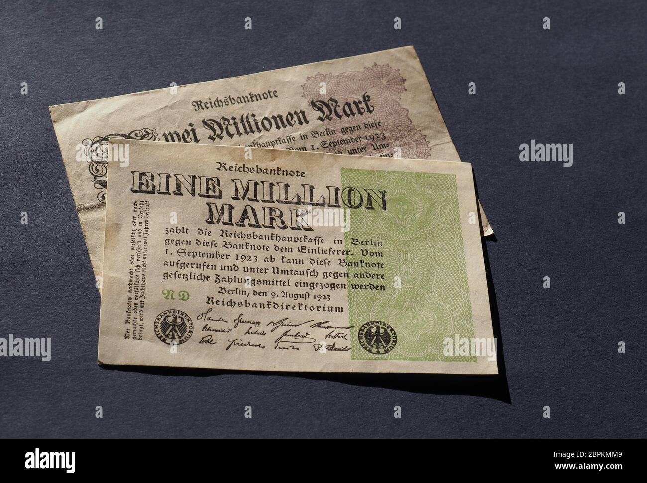 Eine und Zwei Million Mark (meaning One and Two Million Mark) year 1923 banknotes inflation money from Weimar Republic Stock Photo