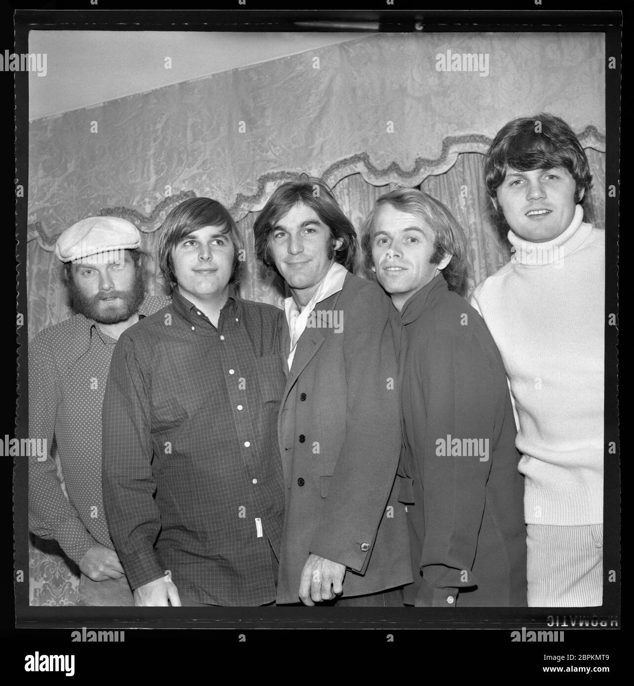 Beach Boys on their London tour, November 1966. Left to Right: Mike Love, Brian Wilson, Dennis Wilson, Al Jardine,  Carl Wilson. Image from 2.25 X 2.25 inch negative. Stock Photo