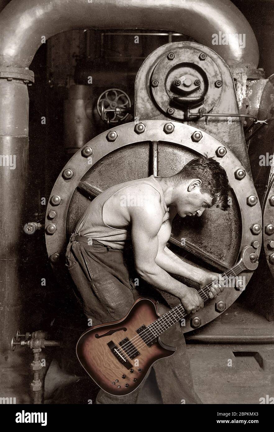 Composite image of electric guitar and Power House Mechanic working with a guitar wrench. 1920 Image by Lewis W Hine. Stock Photo