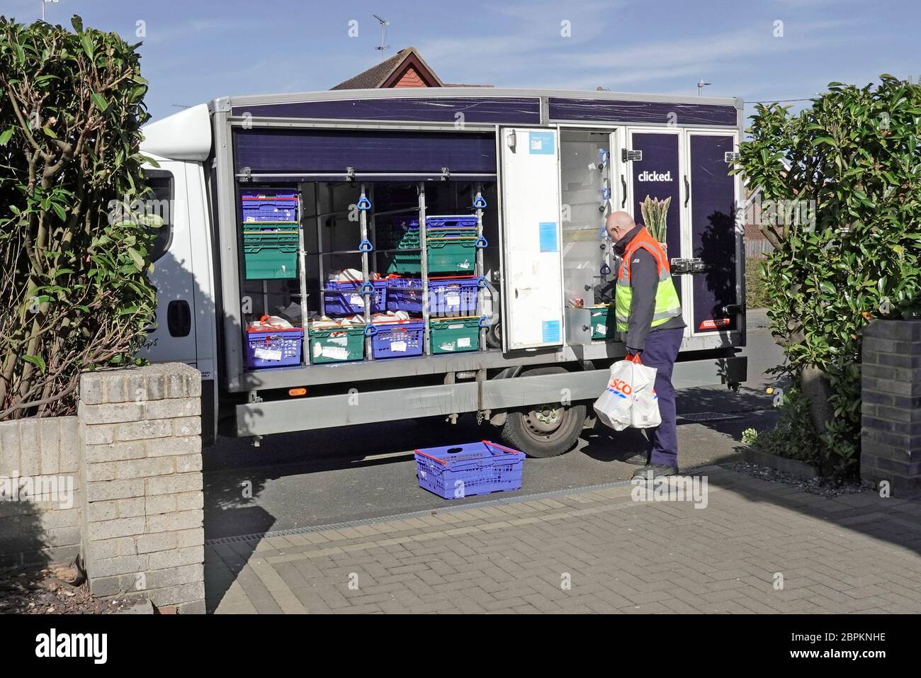 Tesco retail supermarket online internet home food grocery shopping order on delivery van driver sorts before placing at house door Essex England UK Stock Photo
