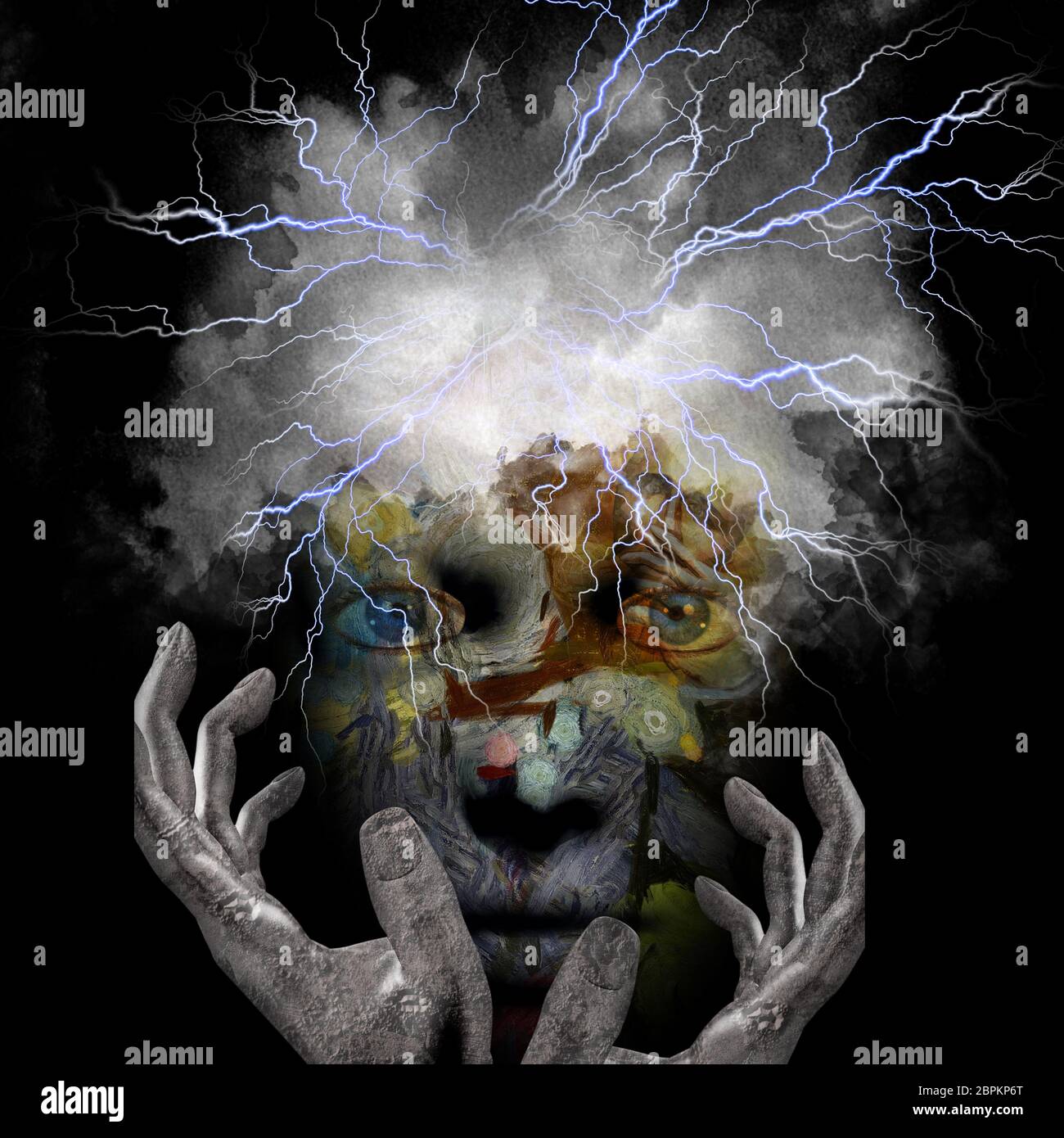 Surreal Face with lightnings and stone hands Stock Photo