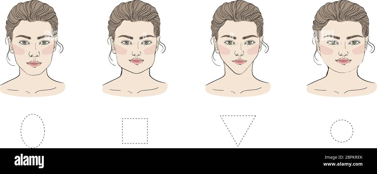 different female face shapes with different hairstyle. There are oval, square, round, long, diamond and triangle. Vector illustration. - Vector illust Stock Photo