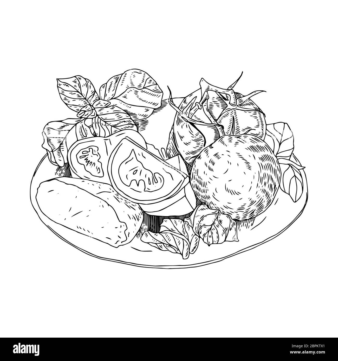 Greek salad with fresh vegetables, feta cheese and olive oil. Watercolor hand drawn illustration Stock Photo