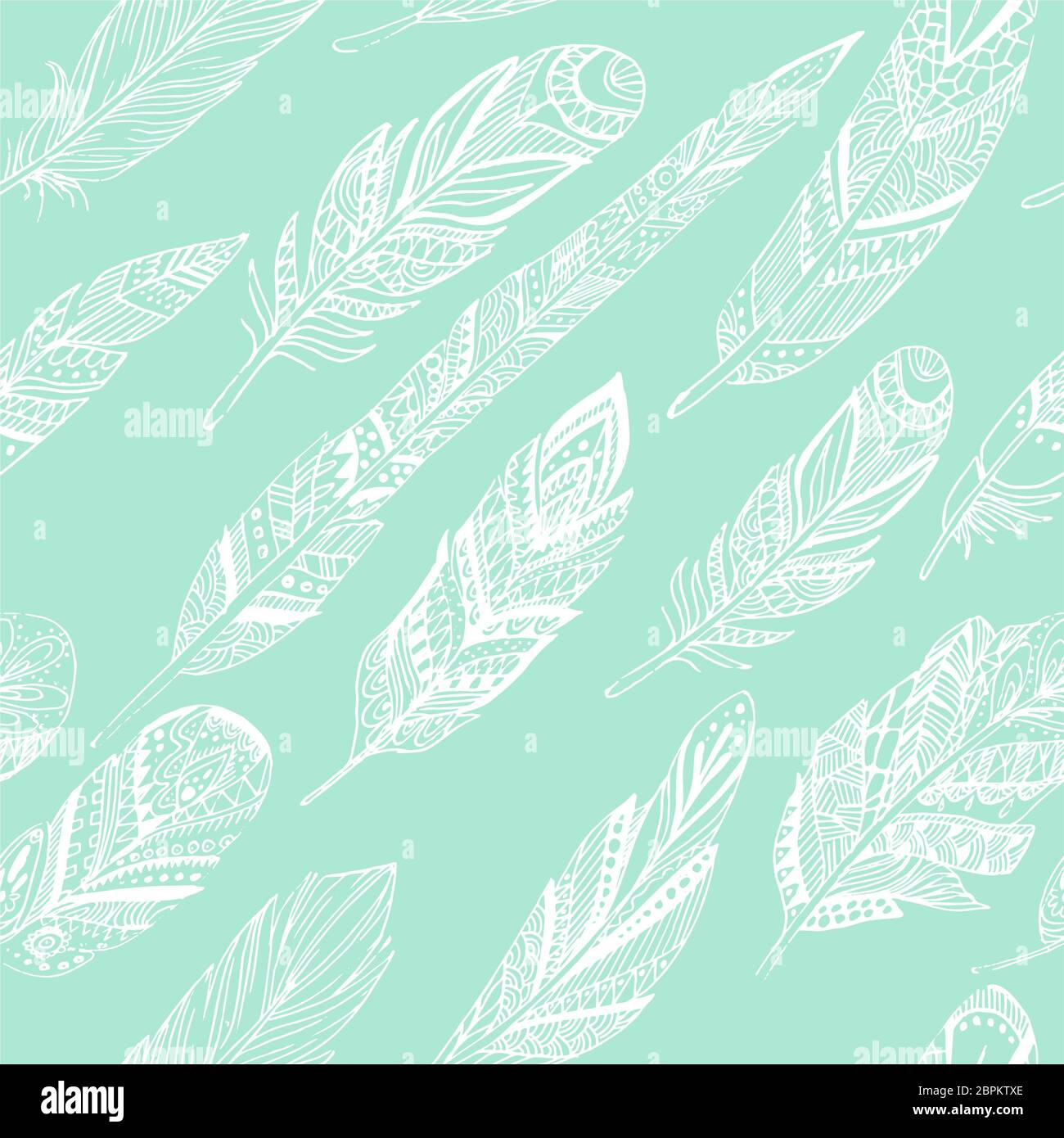 Seamless pattern with ethnic feathers. Tribal Feathers Vintage Pattern. Hand Drawn Doodles. Stock Photo