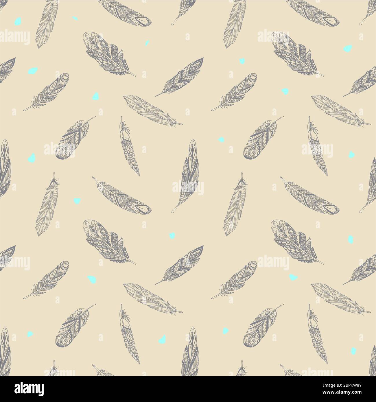 Seamless pattern with ethnic feathers. Tribal Feathers Vintage Pattern. Hand Drawn Doodles. Stock Photo