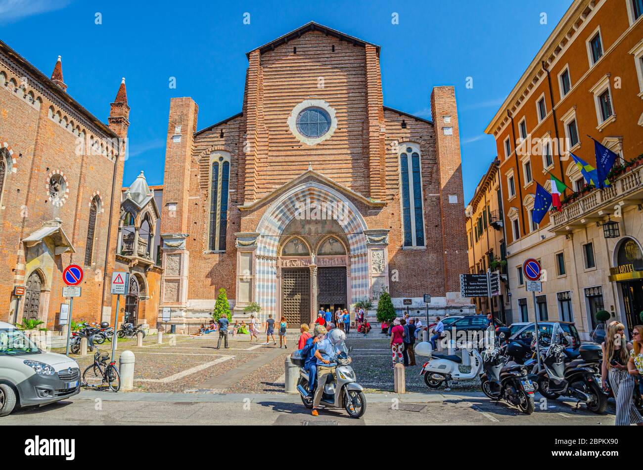 Verona, Italy, September 12, 2019: Basilica di Santa Anastasia church of Dominican Order in Piazza Santa Anastasia square, Gothic style building in historical city centre Citta Antica, Veneto Region Stock Photo