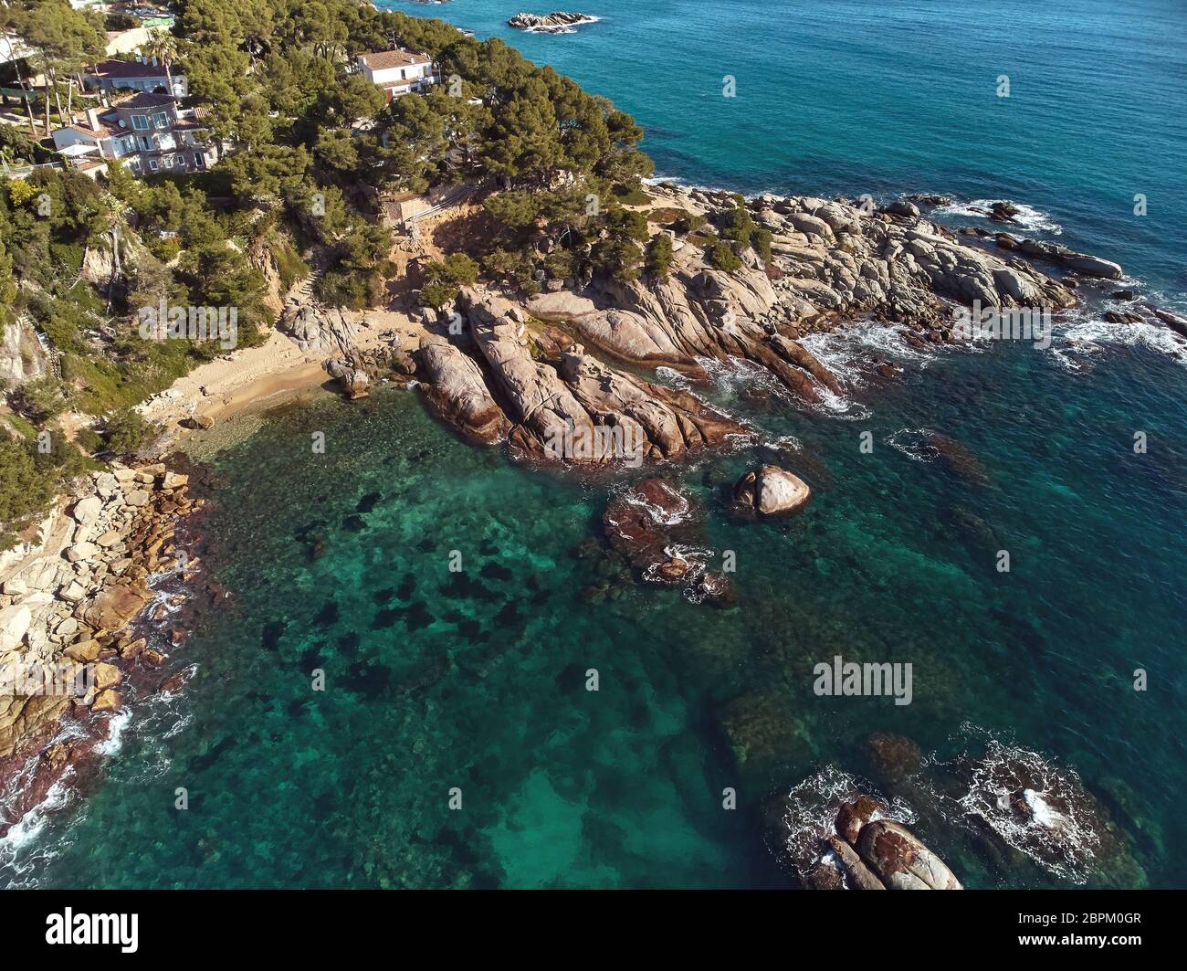 Drone picture over the Costa Brava coastal near the small village Sant Antoni de Calonge of Spain, Torre Valentina bays Stock Photo