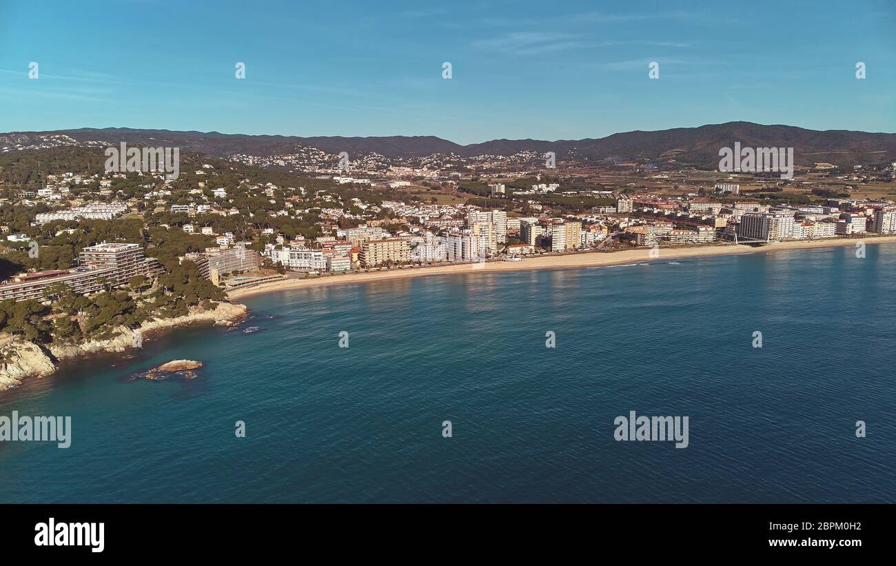 Drone picture over the Costa Brava coastal near the small village Sant Antoni de Calonge of Spain, Torre Valentina bays Stock Photo