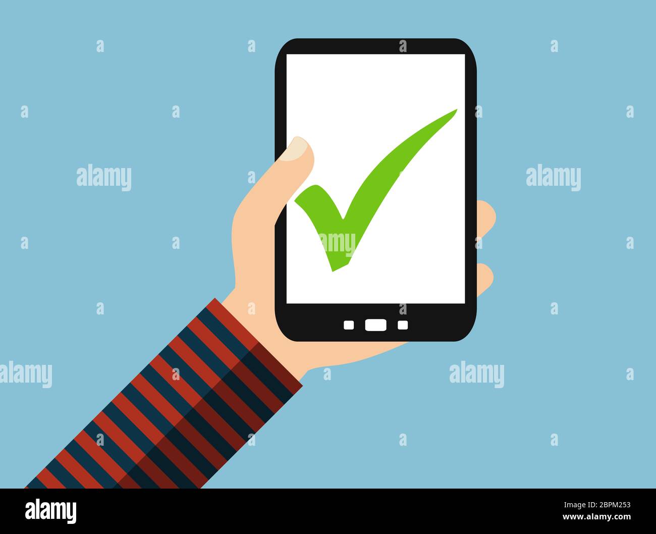 Hand holding Smartphone: Green tick symbol - Flat Design Stock Photo ...