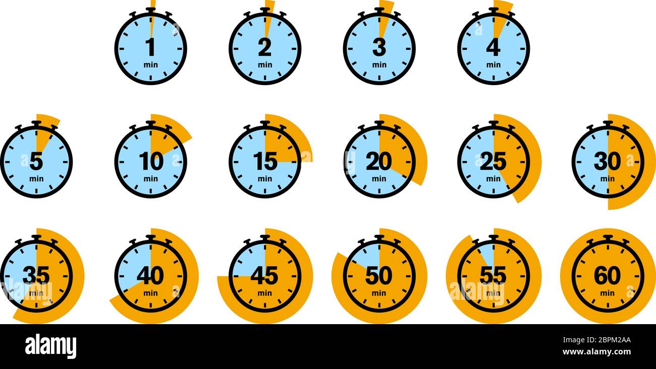 kitchen timer icon set, 1 to 60 minutes countdown symbols vector illustration Stock Vector