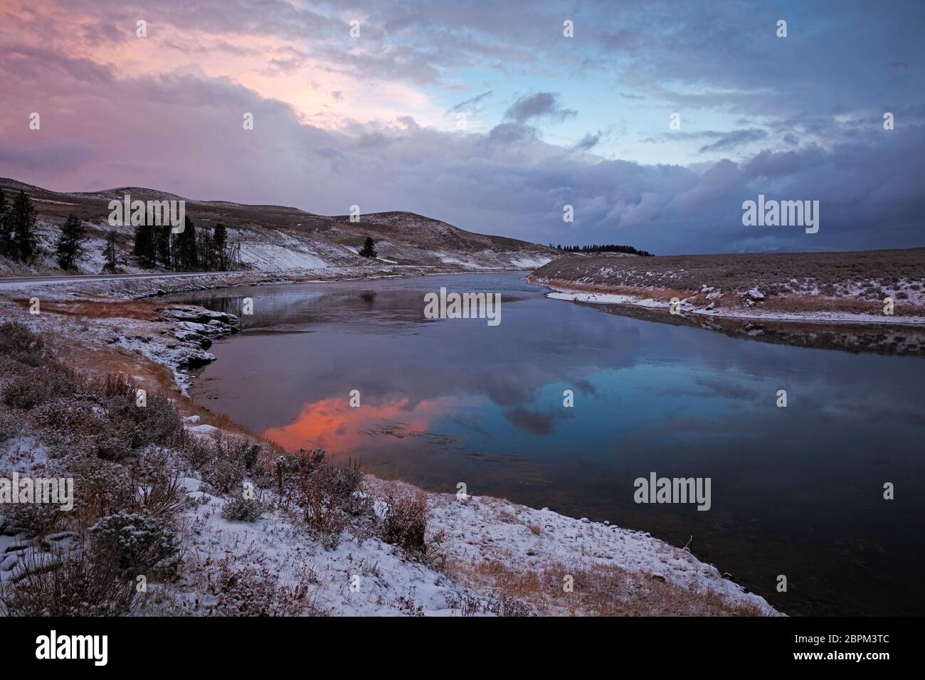 WY04391-00...WYOMING - Sunrise colors reflecting in the Yellowstone River in the Hayden Valley area of Yellowstone National Park. Stock Photo