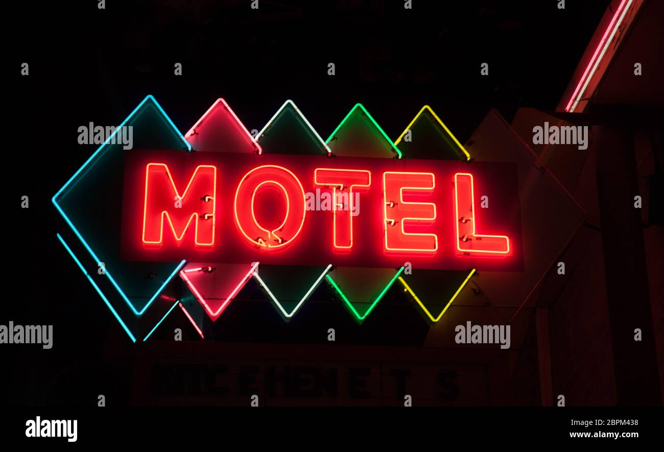 Neon Motel Sign at night Stock Photo