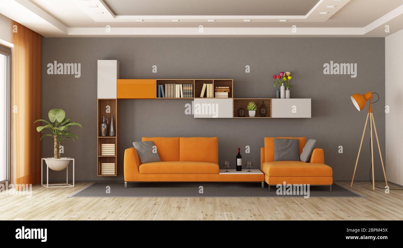 Gray and orange living room with sofa and bookcase - 3d rendering Stock ...
