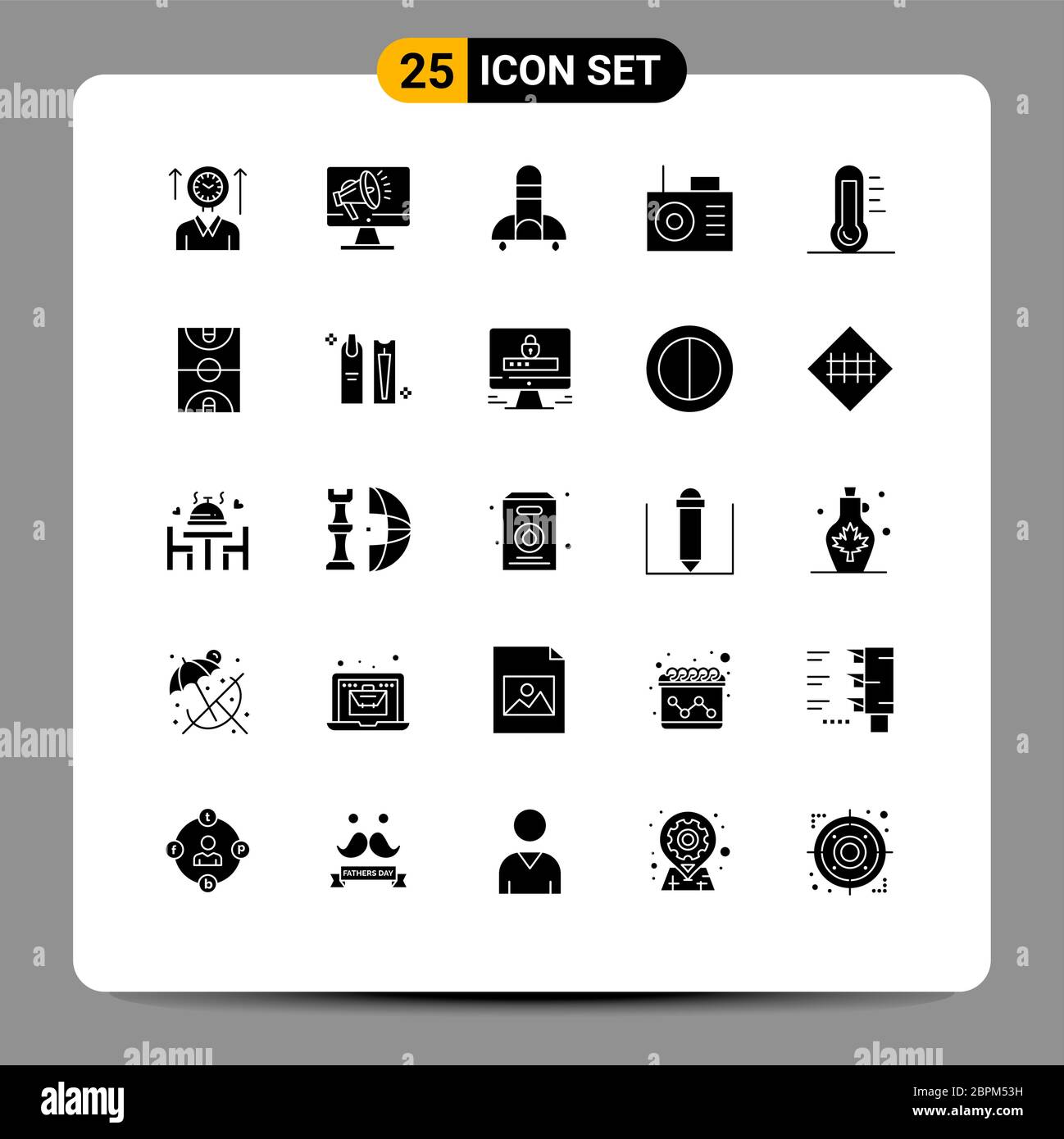 Group of 25 Solid Glyphs Signs and Symbols for ecology, radio, speaker, device, ship Editable Vector Design Elements Stock Vector