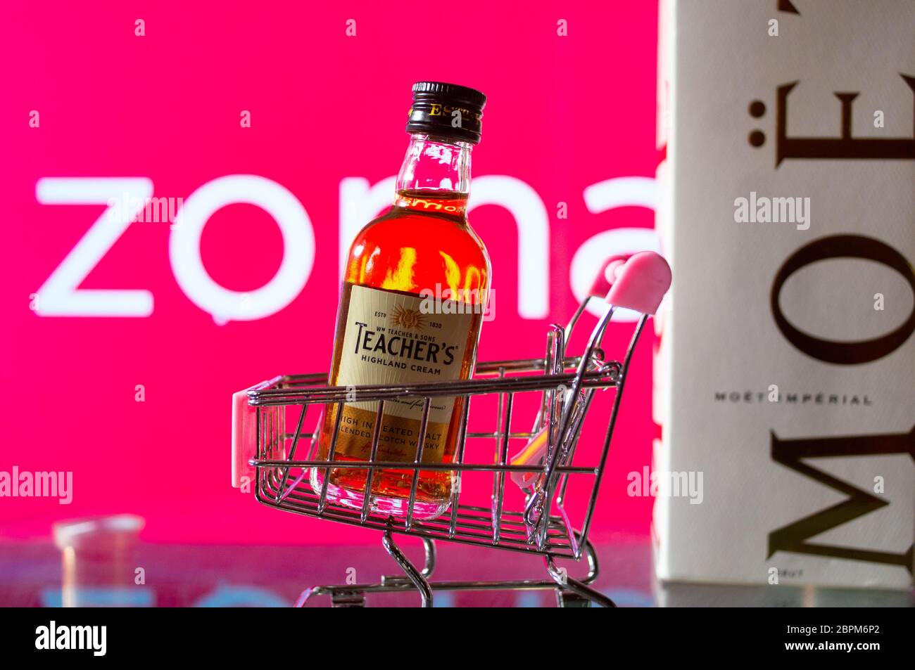 Jaipur, India, Circa 2020 A bottle of teachers highland cream blended scotch whiskey in a pink