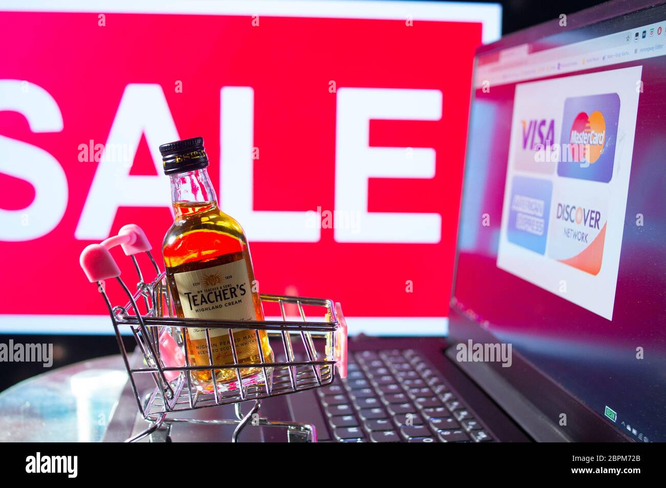 Jaipur, India, Circa 2020 A bottle of teachers highland cream blended scotch whiskey in a pink