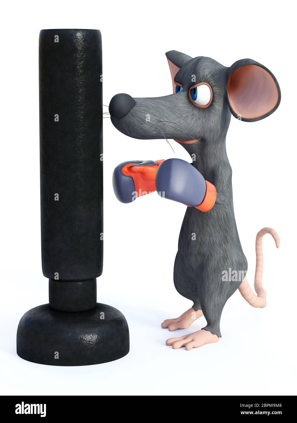 3D rendering of a cute cartoon mouse wearing boxing gloves and punching a heavy bag. White background. Stock Photo