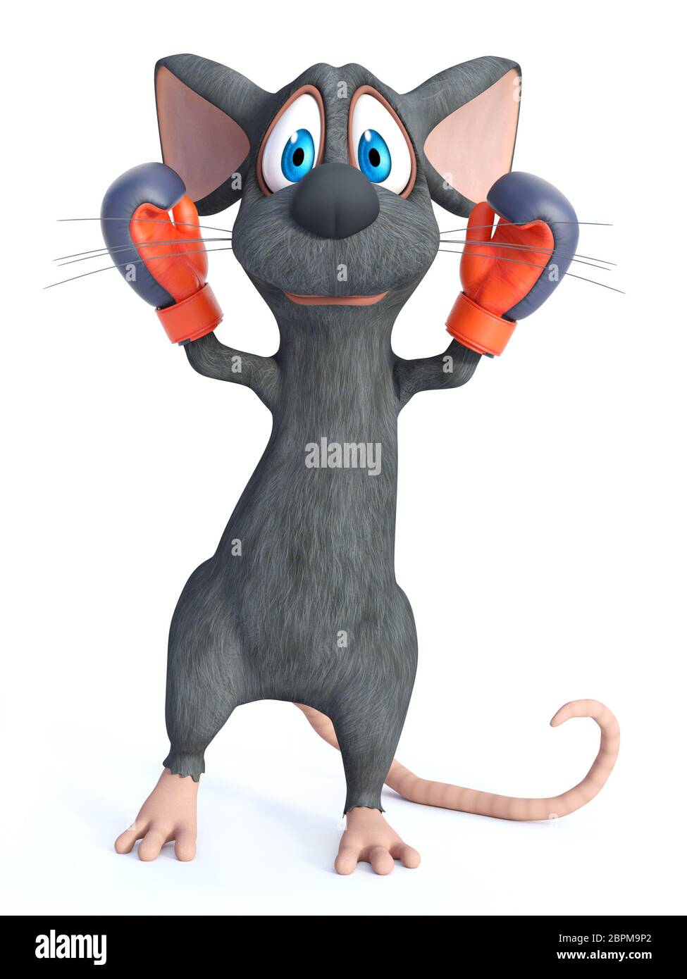 3D rendering of a cute cartoon mouse wearing boxing gloves. He looks like a winning champion. White background. Stock Photo
