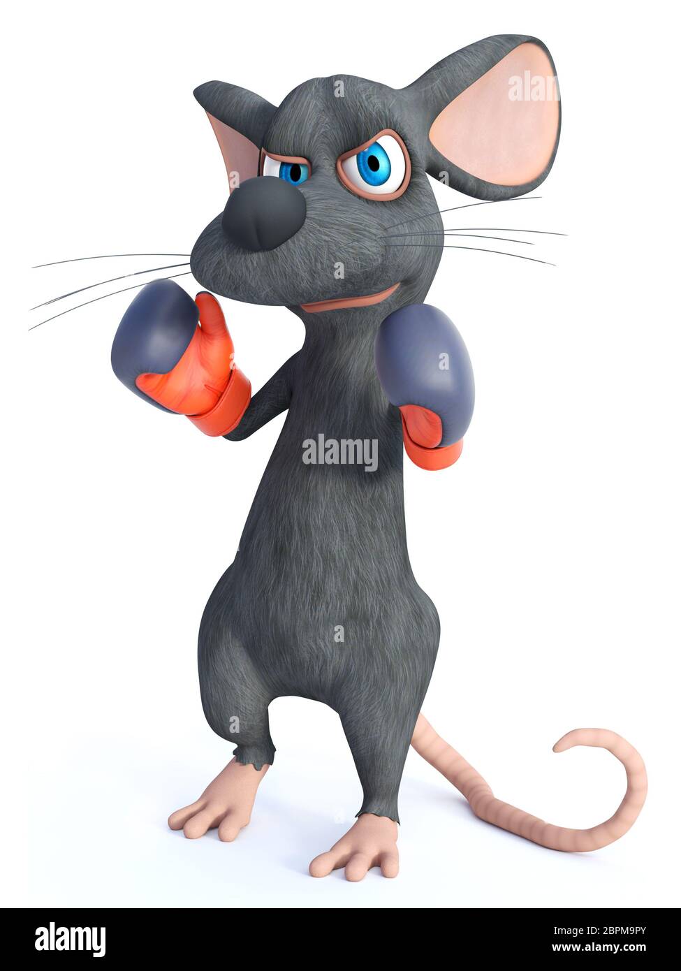 3D rendering of a cute cartoon mouse wearing boxing gloves. He looks angry, ready to fight. White background. Stock Photo
