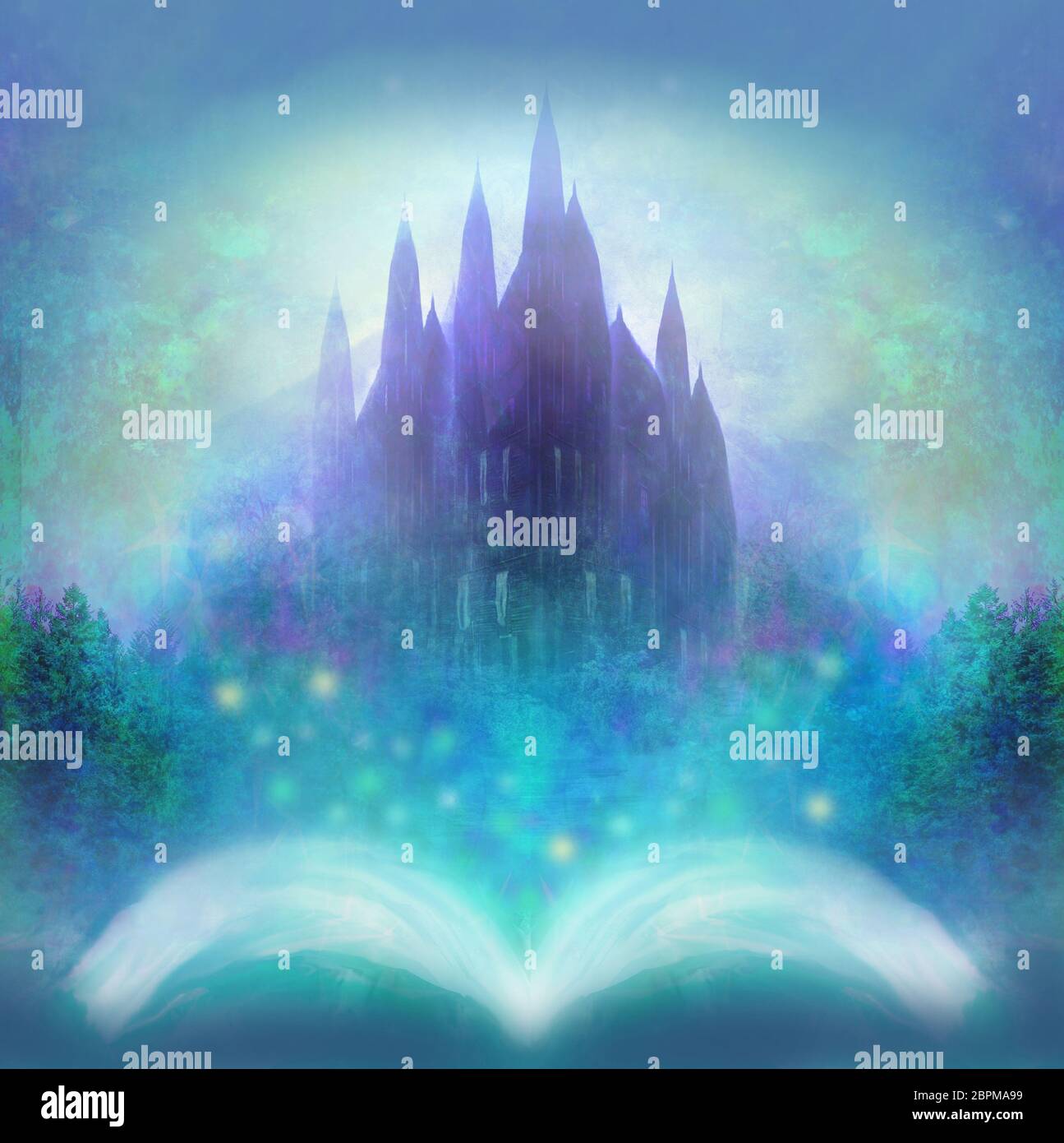 Magic world of tales, fairy castle appearing from the book Stock Photo ...