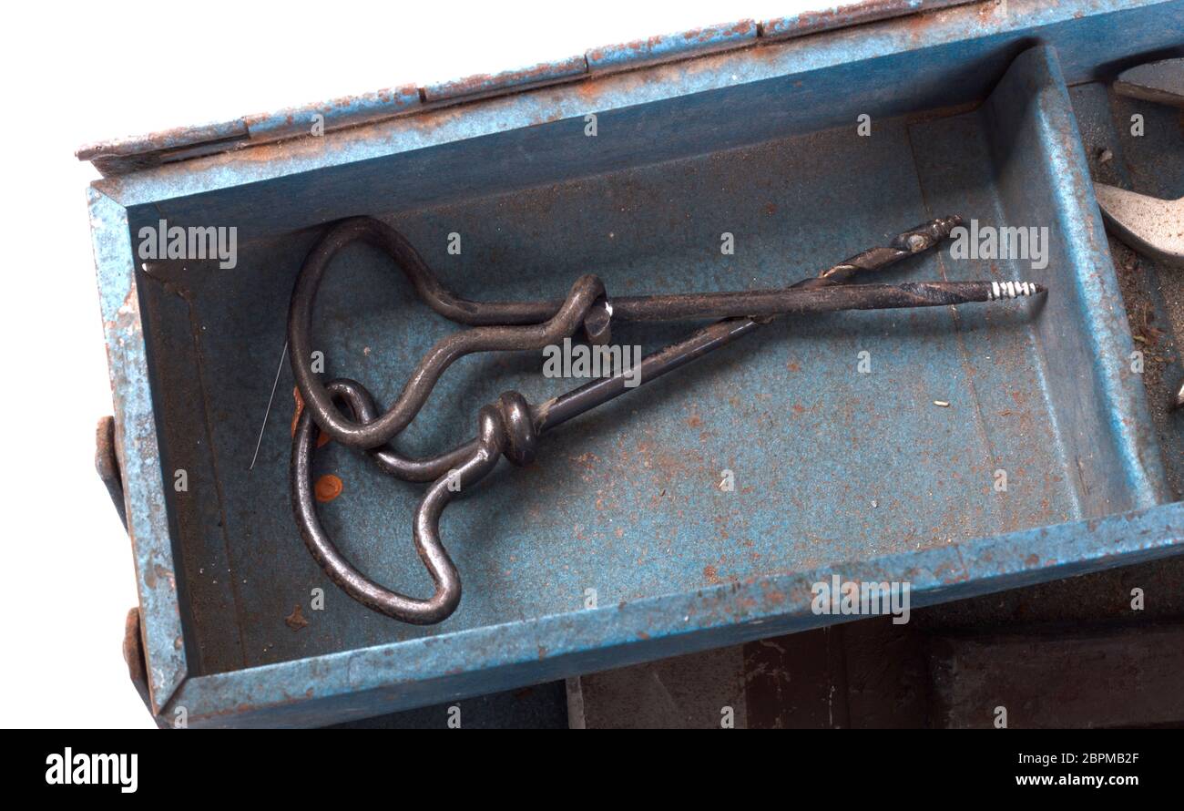 Old toolbox filled with vintage tools, isolated Stock Photo