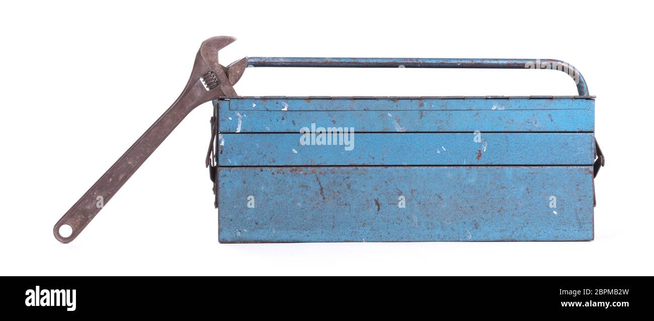 Old metal toolbox, isolated on a white background Stock Photo - Alamy