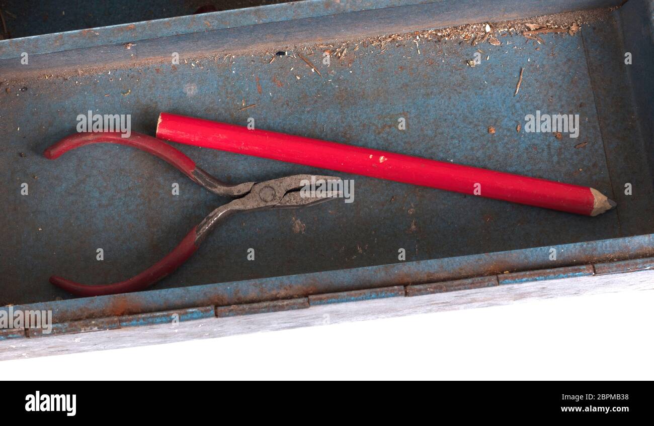 Old toolbox filled with vintage tools, isolated Stock Photo