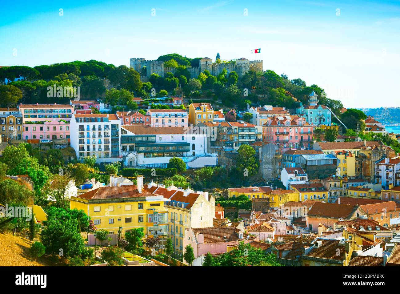 Skyline of Lisbon with Lisbon Castle on a top of a hill. Portugal Stock Photo