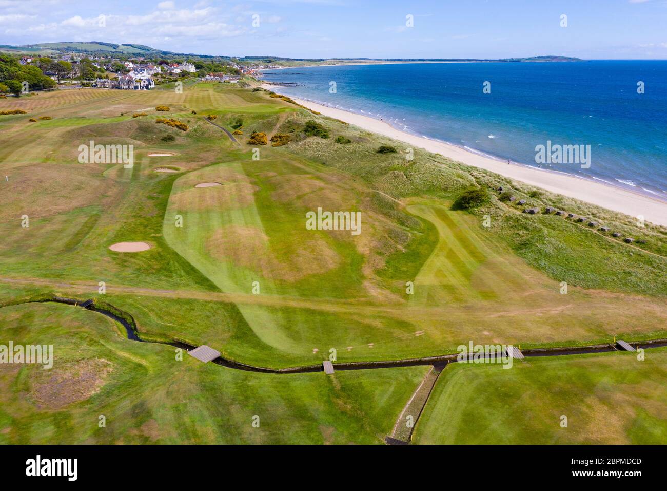 Aerial view of Lundin Links golf course in Fife , Scotland, UK, Course  closed due to Covid-19 lockdown Stock Photo - Alamy