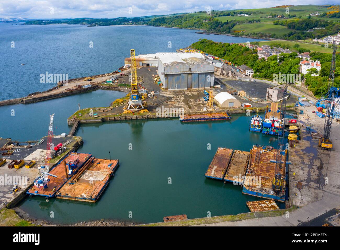 Aerial view of Burntisland Fabrications Ltd ( BiFab) yard at Burntisland in Fife, Scotland, UK Stock Photo