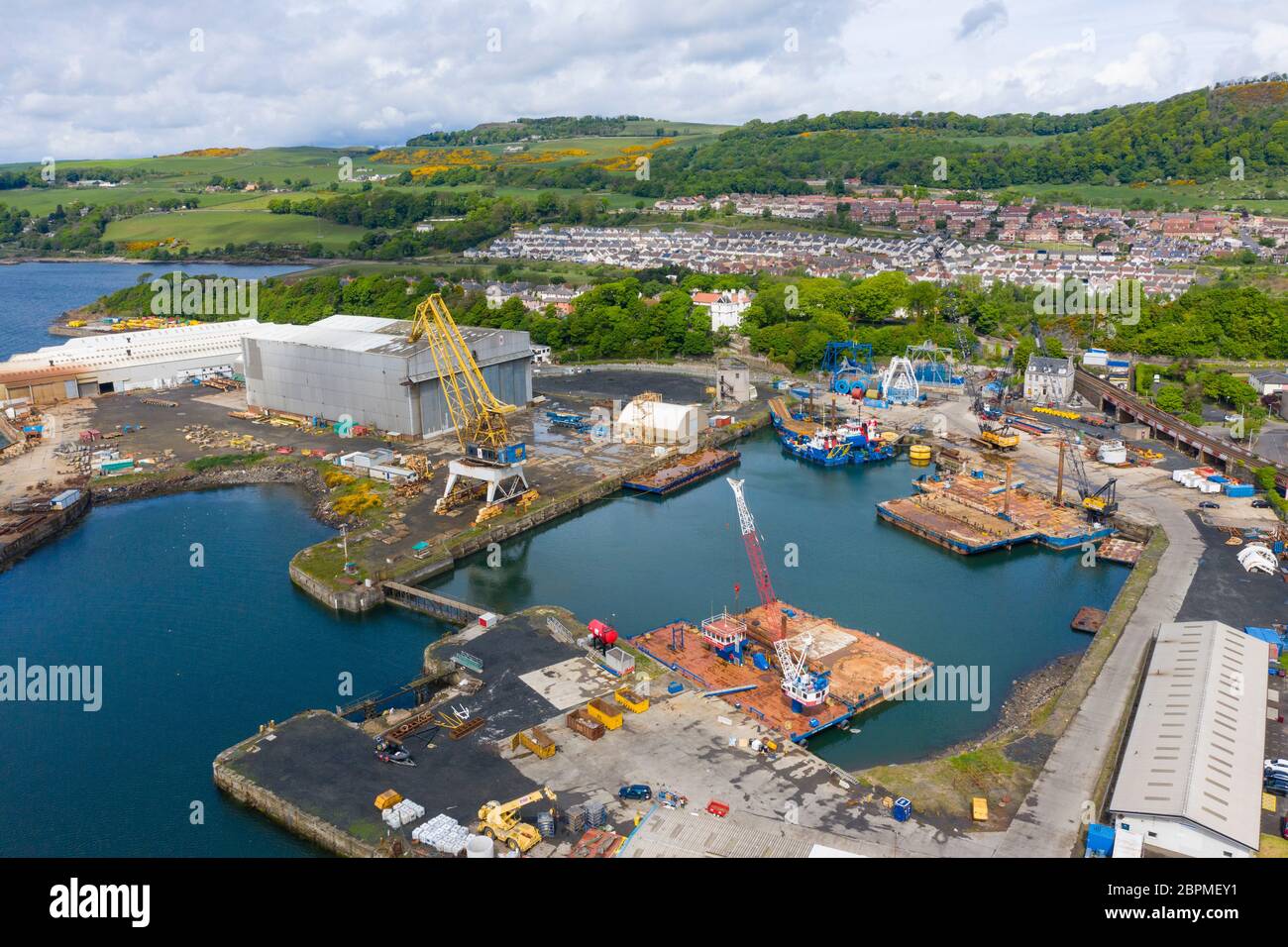 Aerial view of Burntisland Fabrications Ltd ( BiFab) yard at Burntisland in Fife, Scotland, UK Stock Photo
